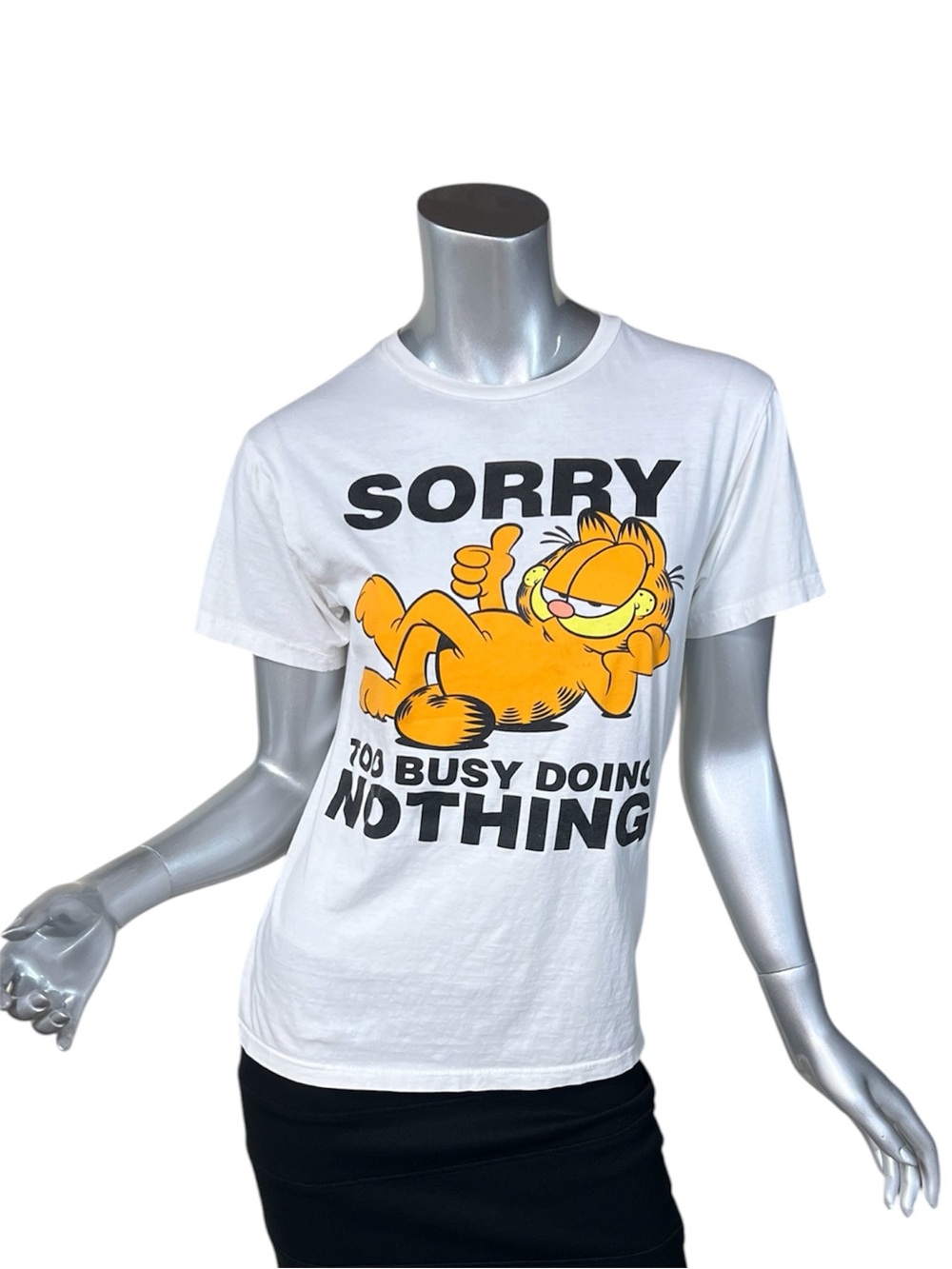 GARFIELD “Sorry Too Busy Doing Nothing” Crew Neck White T Shirt Adult Size Small
